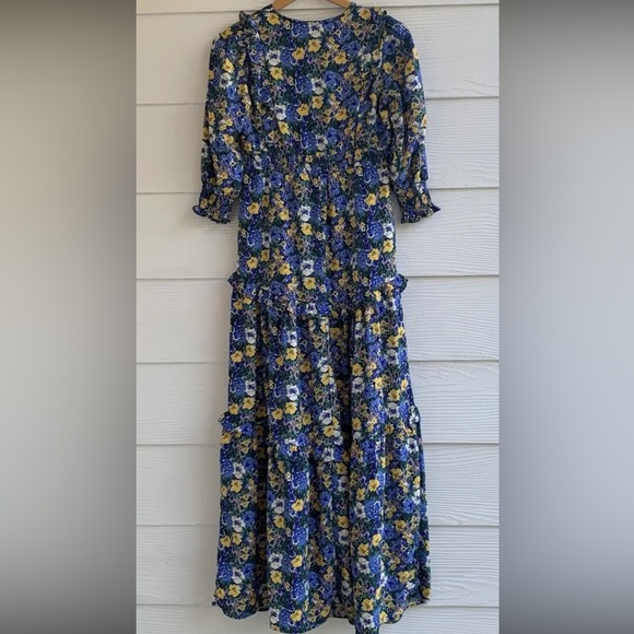 Code x Mode Maxi Blue Floral Dress size XS Puff Sleeves Elastic Waist V-neck - Picture 7 of 12